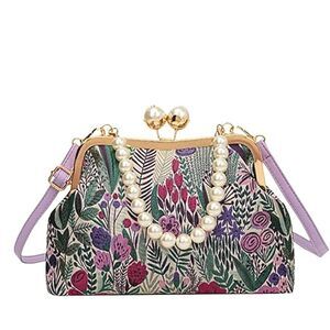 2780 Vintage Floral Embroidered Kiss Lock Handbags Elegant Clutch Purse